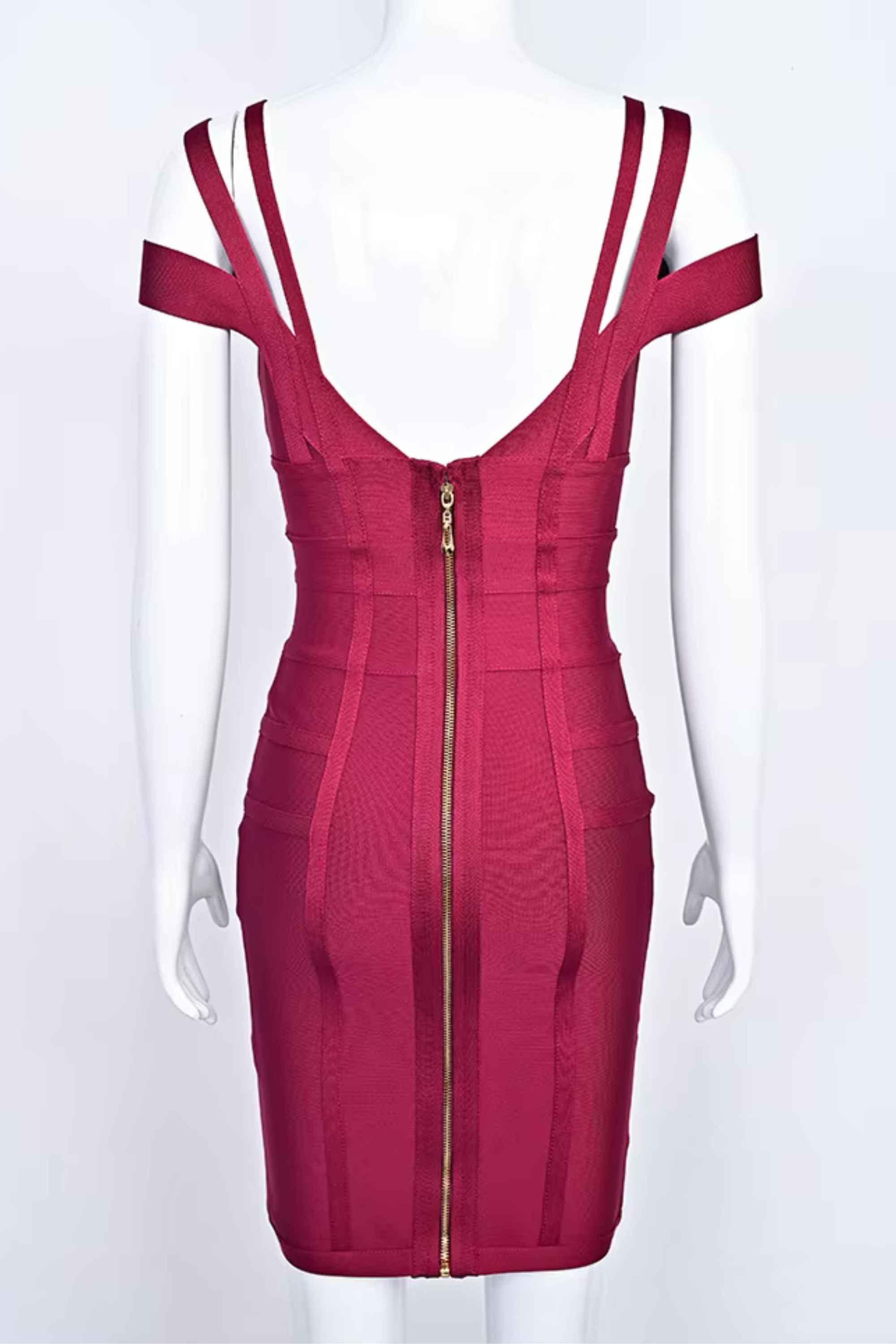 Woman wearing a figure flattering Sia Bandage Dress - Red Wine Bodycon Collection