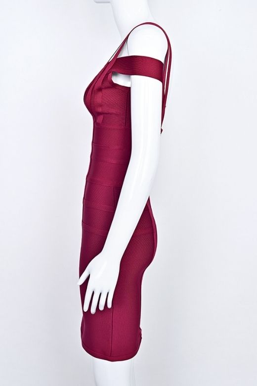 Woman wearing a figure flattering Sia Bandage Dress - Red Wine Bodycon Collection