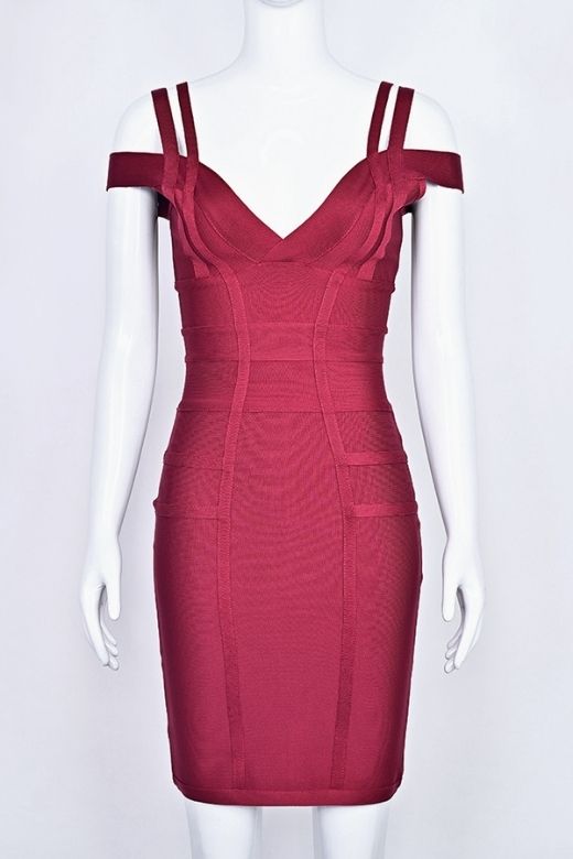 Woman wearing a figure flattering Sia Bandage Dress - Red Wine Bodycon Collection