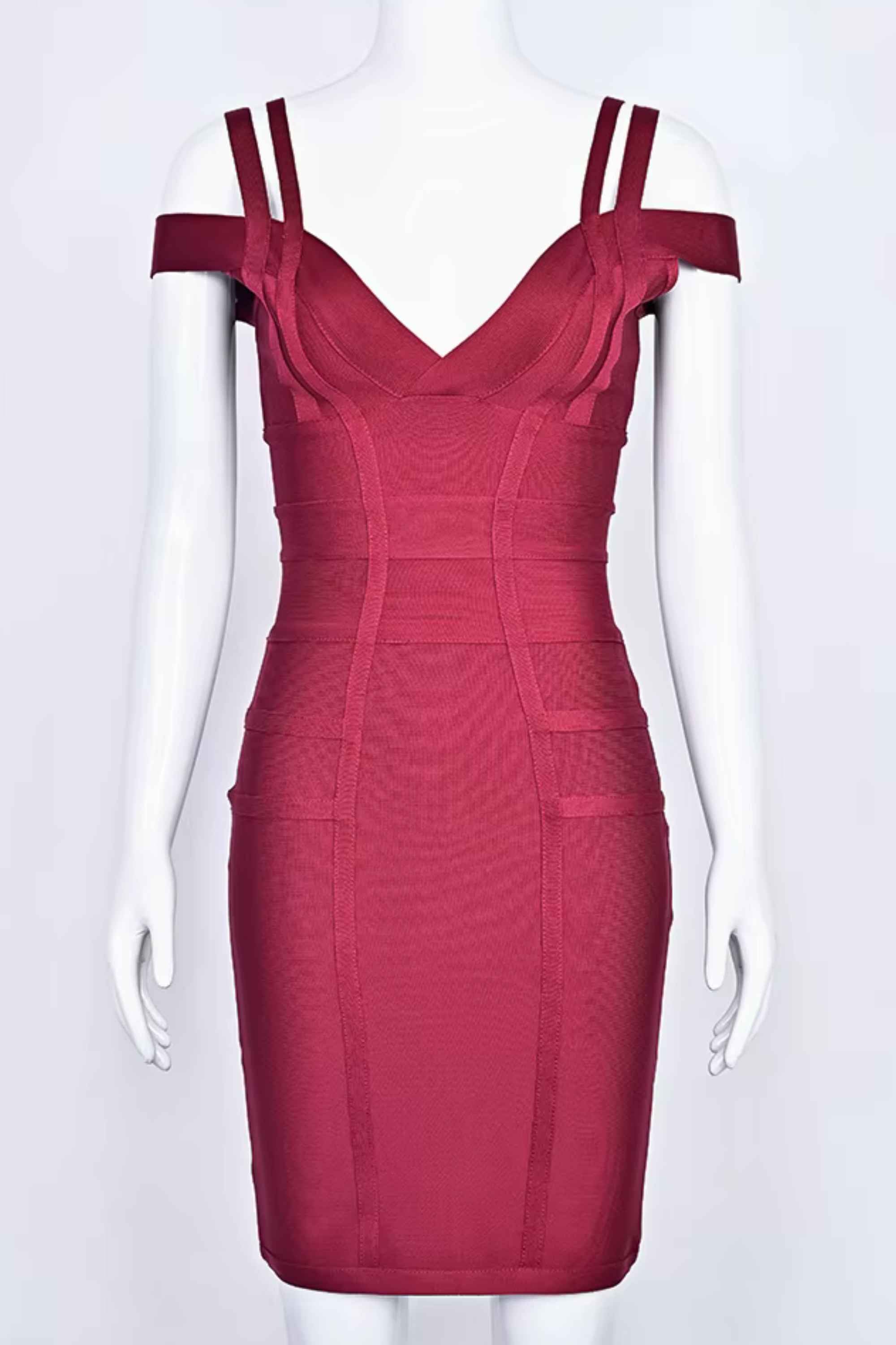 Woman wearing a figure flattering Sia Bandage Dress - Red Wine Bodycon Collection