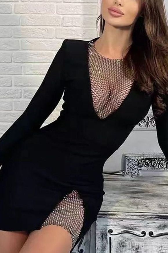 Woman wearing a figure flattering Sofie Long Sleeve Bodycon Mini Dress - Classic Black BODYCON COLLECTION