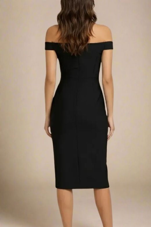 Woman wearing a figure flattering Sofie Off Shoulder Bodycon Dress - Classic Black BODYCON COLLECTION