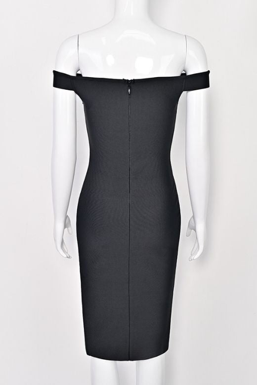 Woman wearing a figure flattering Sofie Off Shoulder Bodycon Dress - Classic Black BODYCON COLLECTION