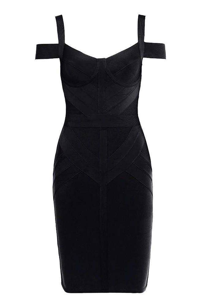 Woman wearing a figure flattering  Sophia Bandage Dress - Classic Black Bodycon Collection