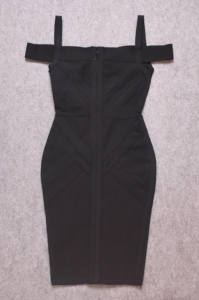 Woman wearing a figure flattering Sophia Bandage Dress - Classic Black Bodycon Collection