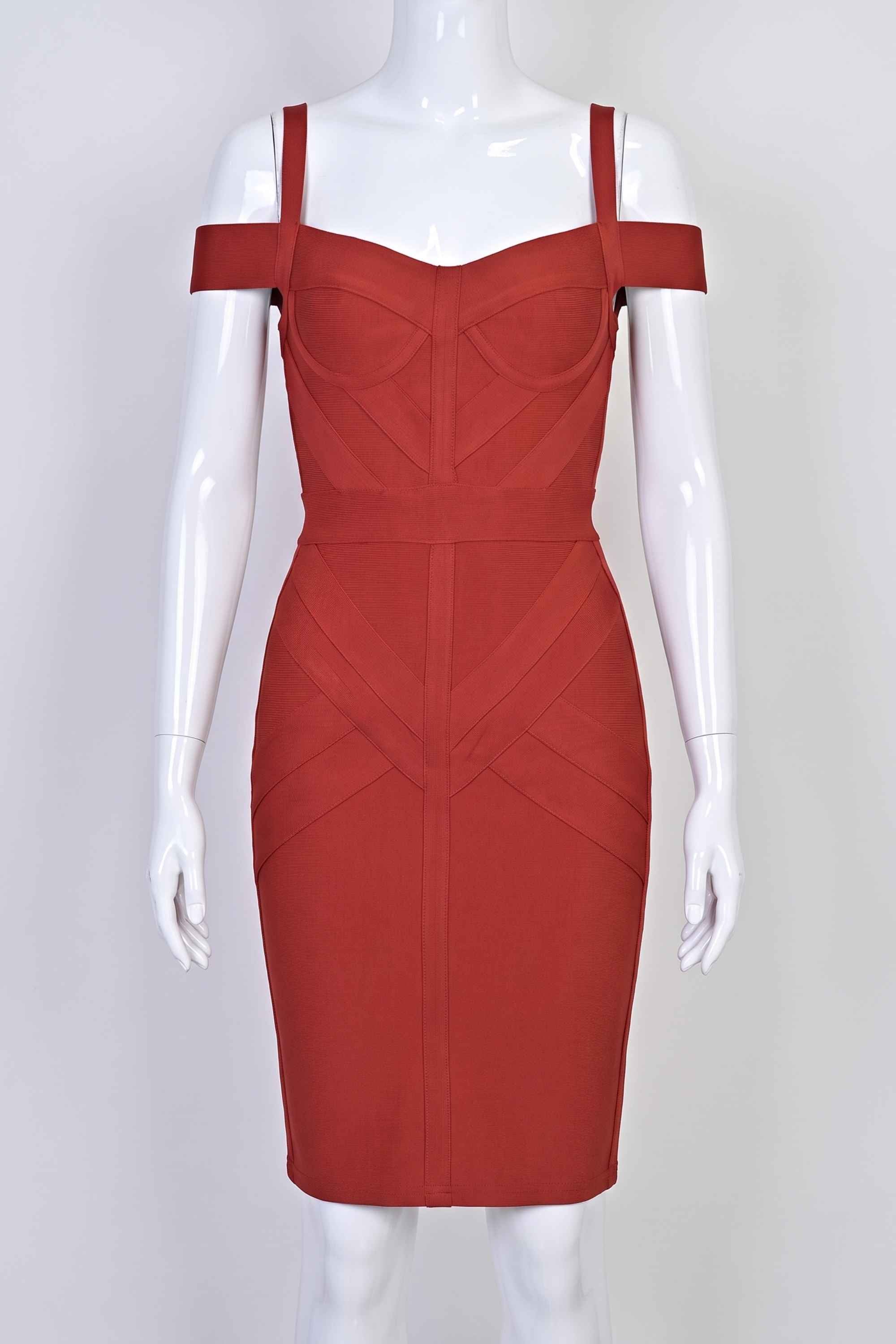 Woman wearing a figure flattering Sophia Bandage Dress - Lipstick Red Bodycon Collection