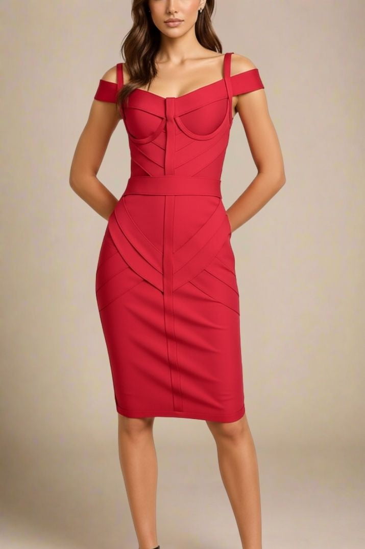 Woman wearing a figure flattering Sophia Bandage Dress - Lipstick Red Bodycon Collection