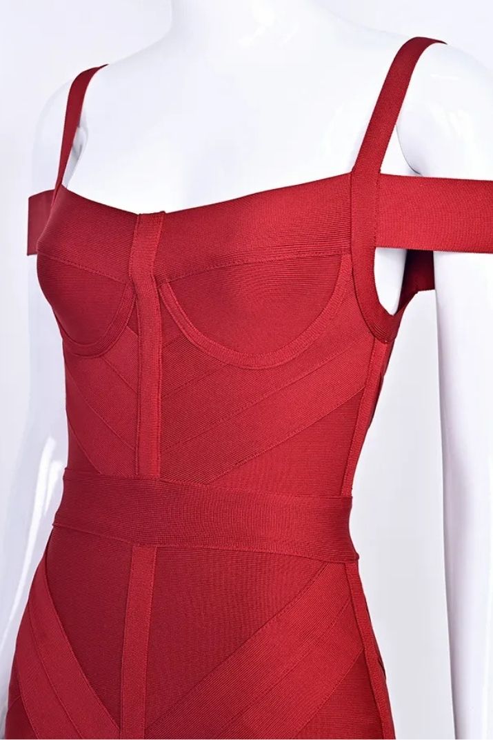 Woman wearing a figure flattering Sophia Bandage Dress - Lipstick Red Bodycon Collection