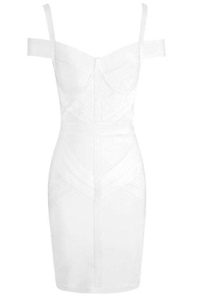 Woman wearing a figure flattering  Sophia Bandage Dress - Pearl White Bodycon Collection