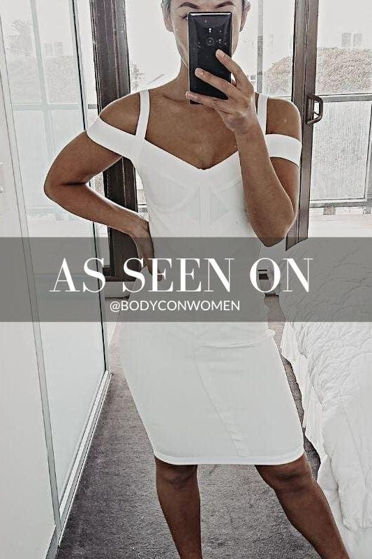 Woman wearing a figure flattering  Sophia Bandage Dress - Pearl White Bodycon Collection