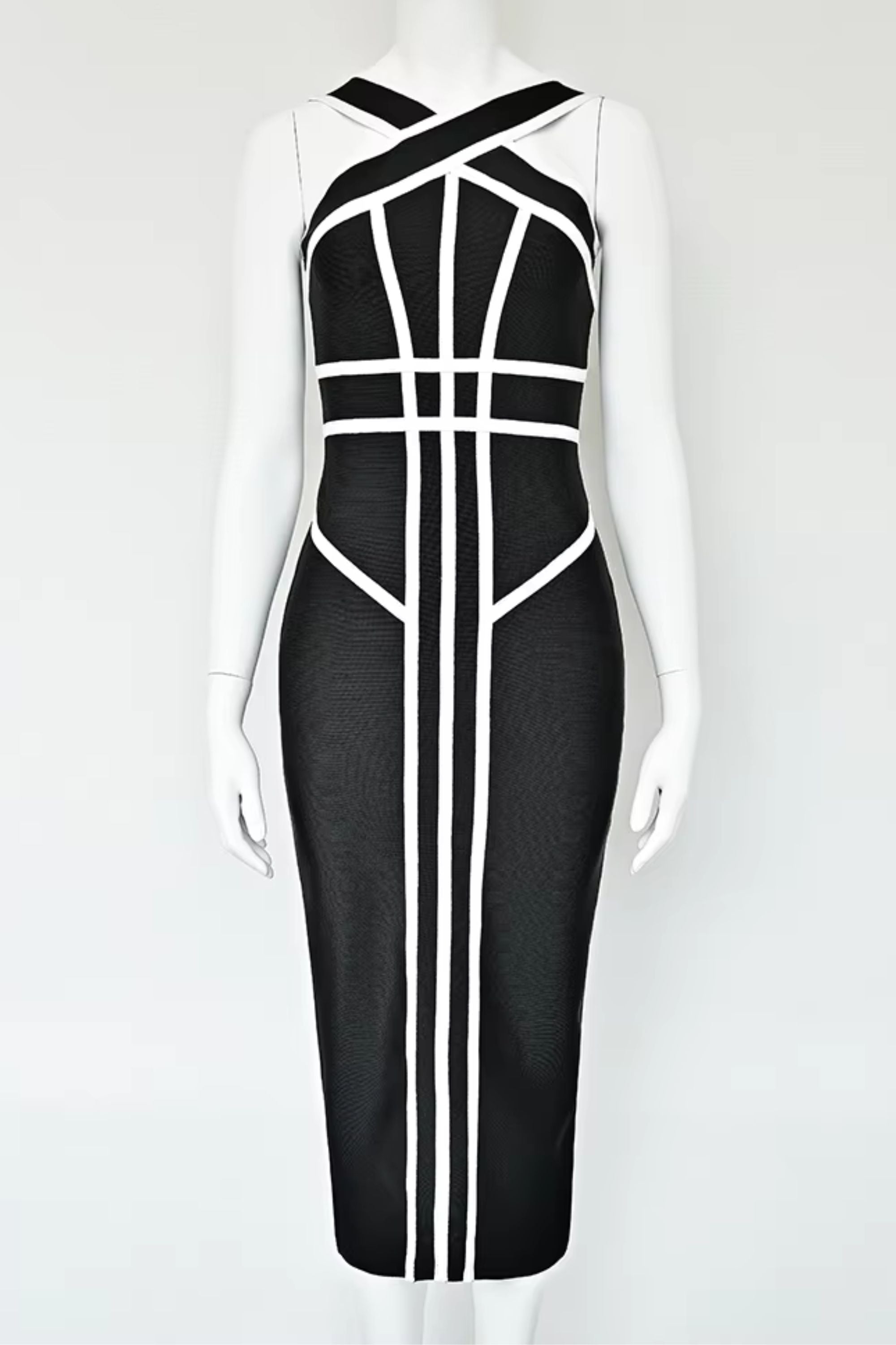 Woman wearing a figure flattering Suki Bandage Midi Dress - Classic Black BODYCON COLLECTION