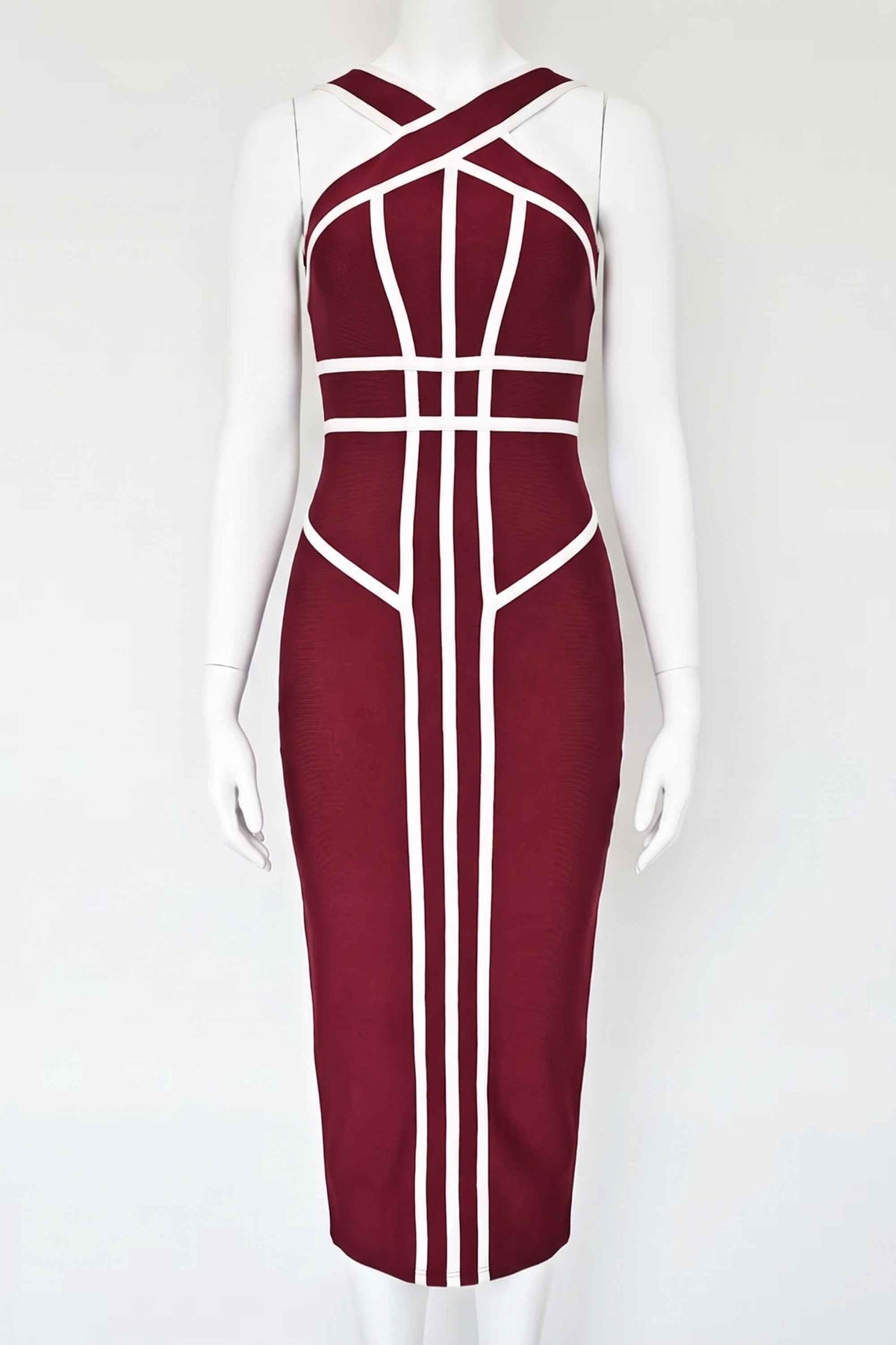 Woman wearing a figure flattering Suki Bandage Midi Dress - Red Wine BODYCON COLLECTION