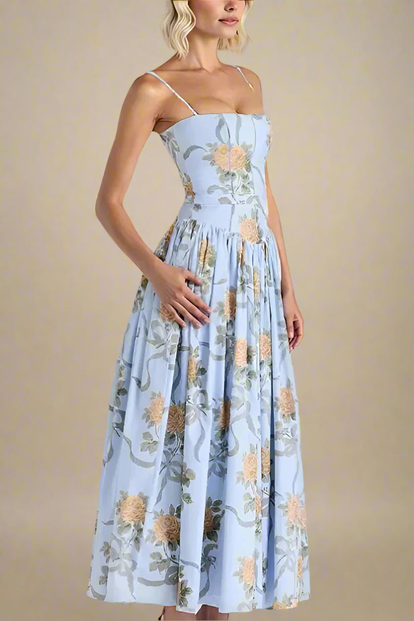 Woman wearing a figure flattering Tasmin Bodycon Midi Dress - Sky Blue BODYCON COLLECTION