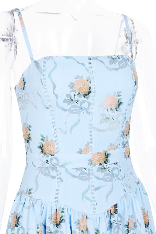 Woman wearing a figure flattering Tasmin Bodycon Midi Dress - Sky Blue BODYCON COLLECTION