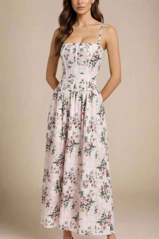 Woman wearing a figure flattering Tasmin Midi Dress - Beige Cream BODYCON COLLECTION