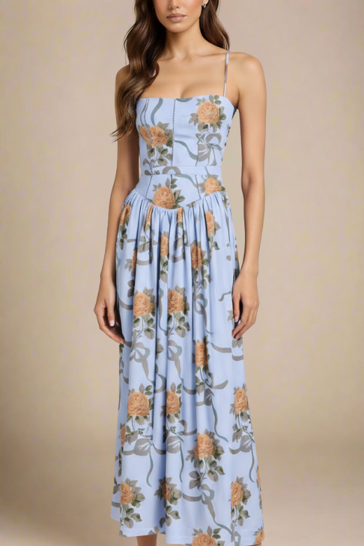 Woman wearing a figure flattering Tasmin Midi Dress - Sky Blue BODYCON COLLECTION