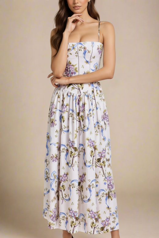 Woman wearing a figure flattering Tasmin Midi Dress - White Floral BODYCON COLLECTION