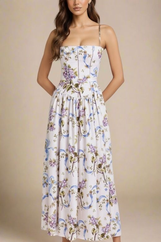 knee length dresses for ladies Floral Print Bodycon Midi Dress – Spaghetti Strap Midi with Slit