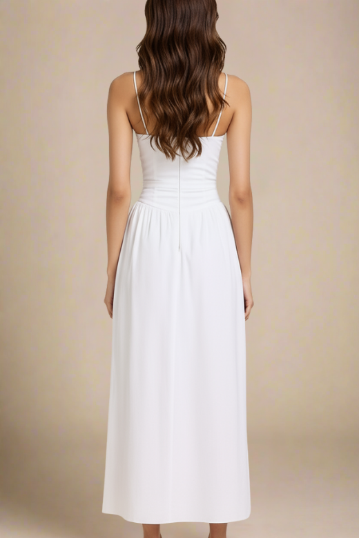 Woman wearing a figure flattering Tasmin Midi Dress - White Pearl BODYCON COLLECTION