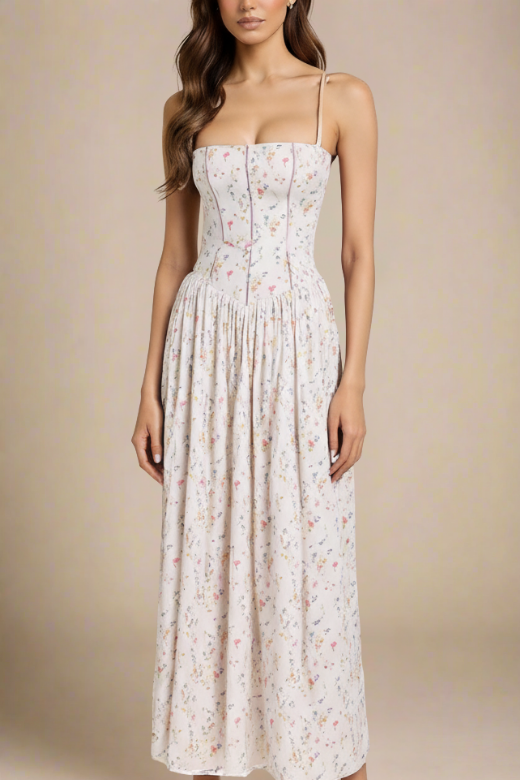 Woman wearing a figure flattering Tasmin Midi Dress - White Print BODYCON COLLECTION