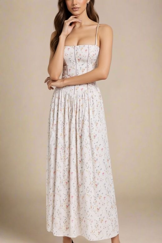 Woman wearing a figure flattering Tasmin Midi Dress - White Print BODYCON COLLECTION