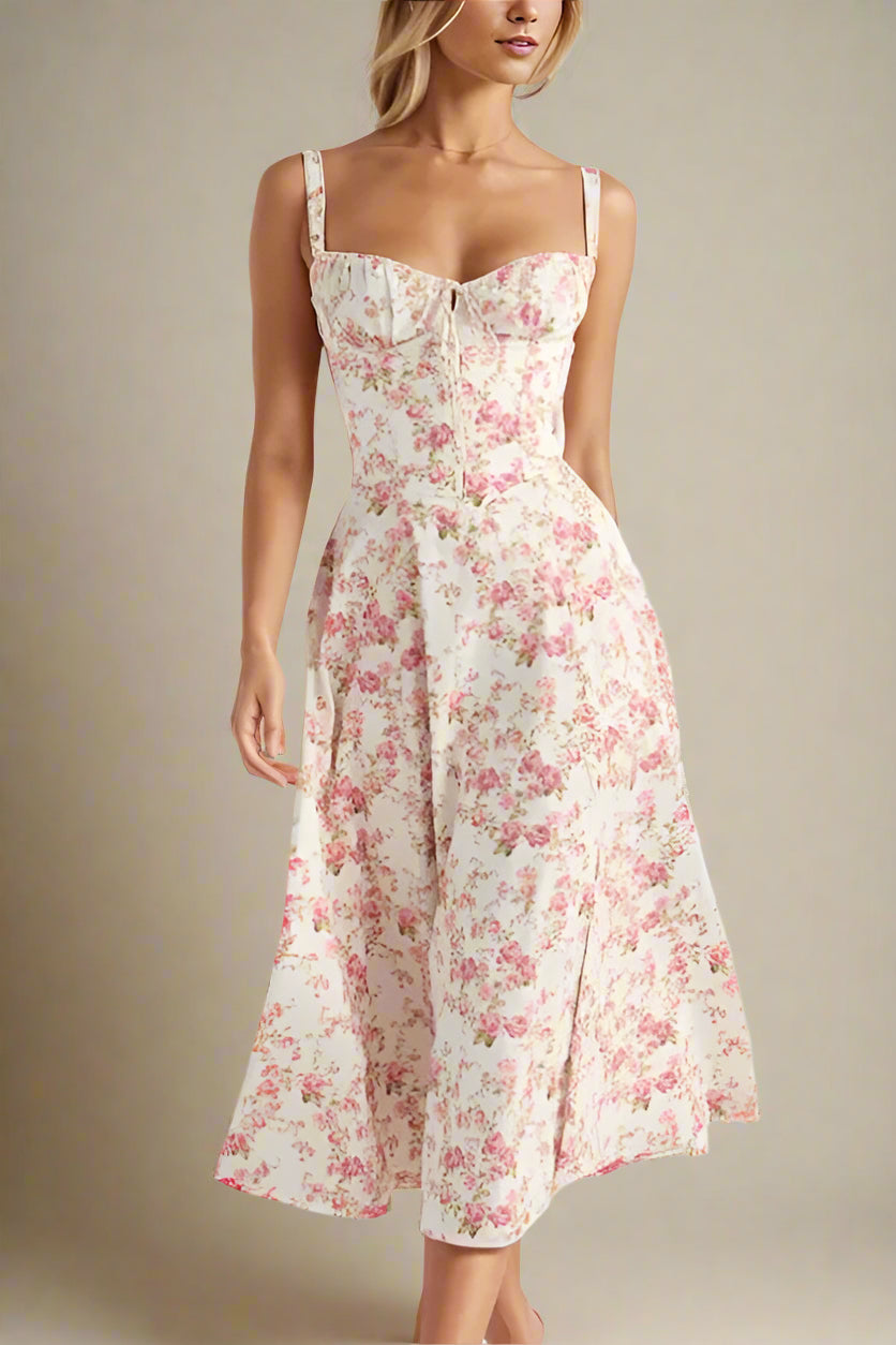 Woman wearing a figure flattering Taylor Bodycon Day Midi Dress - Coral Red BODYCON COLLECTION