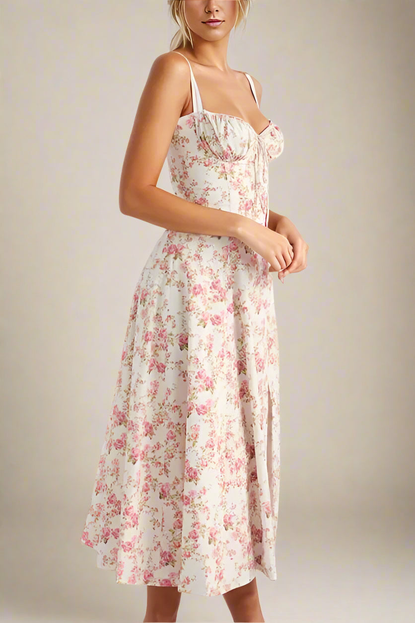 Woman wearing a figure flattering Taylor Bodycon Day Midi Dress - Coral Red BODYCON COLLECTION