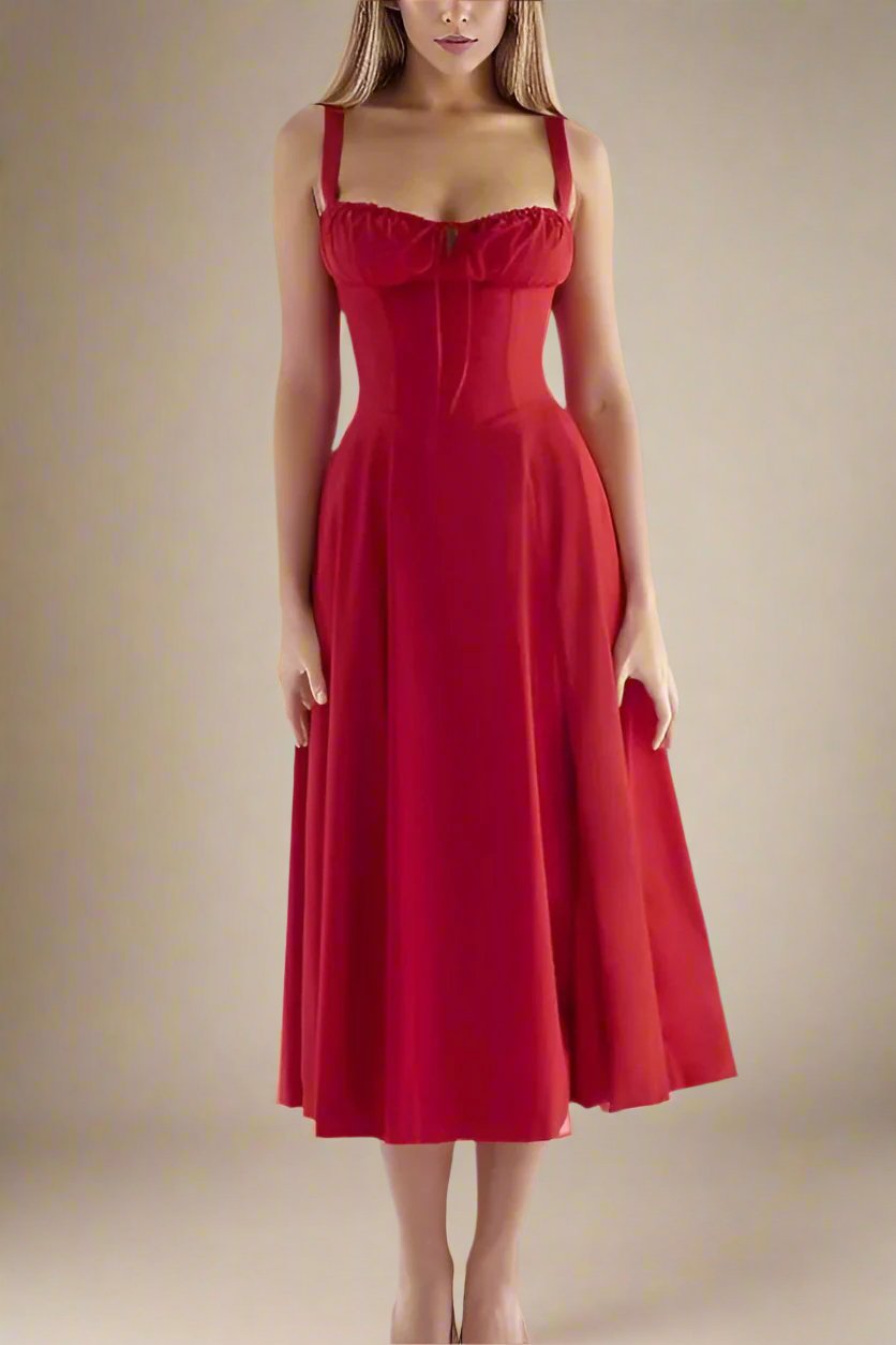 Woman wearing a figure flattering Taylor Bodycon Day Midi Dress - Lipstick Red BODYCON COLLECTION