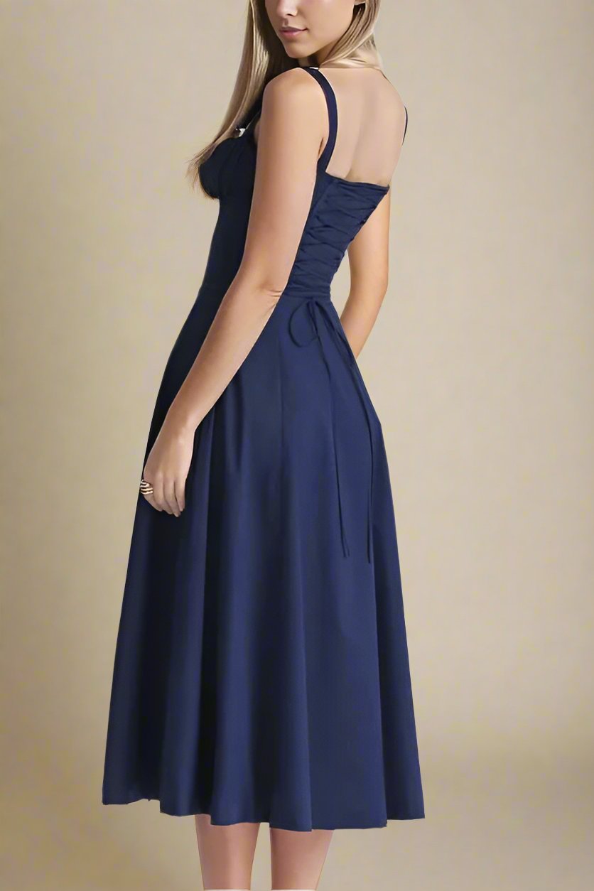 Woman wearing a figure flattering Taylor Bodycon Day Midi Dress - Navy Blue BODYCON COLLECTION