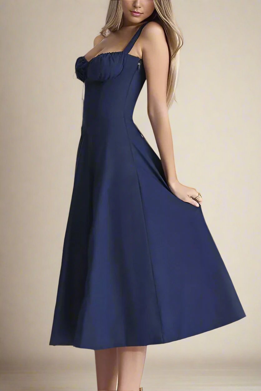 Woman wearing a figure flattering Taylor Bodycon Day Midi Dress - Navy Blue BODYCON COLLECTION