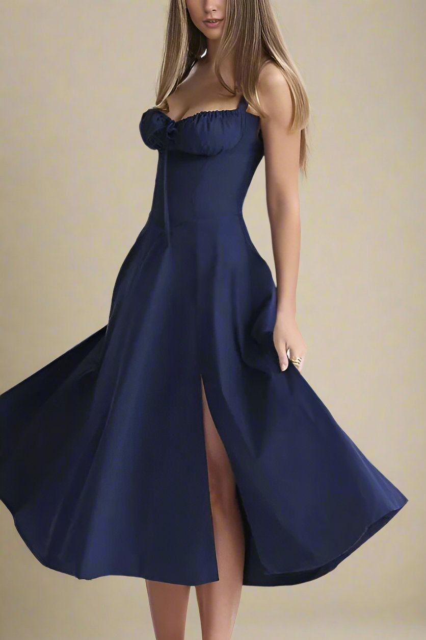 Woman wearing a figure flattering Taylor Bodycon Day Midi Dress - Navy Blue BODYCON COLLECTION