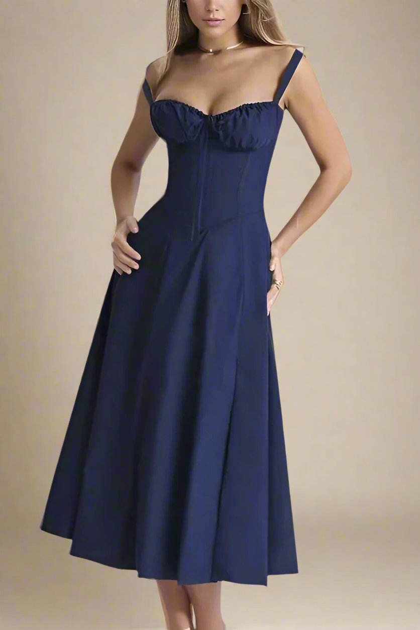 Woman wearing a figure flattering Taylor Bodycon Day Midi Dress - Navy Blue BODYCON COLLECTION