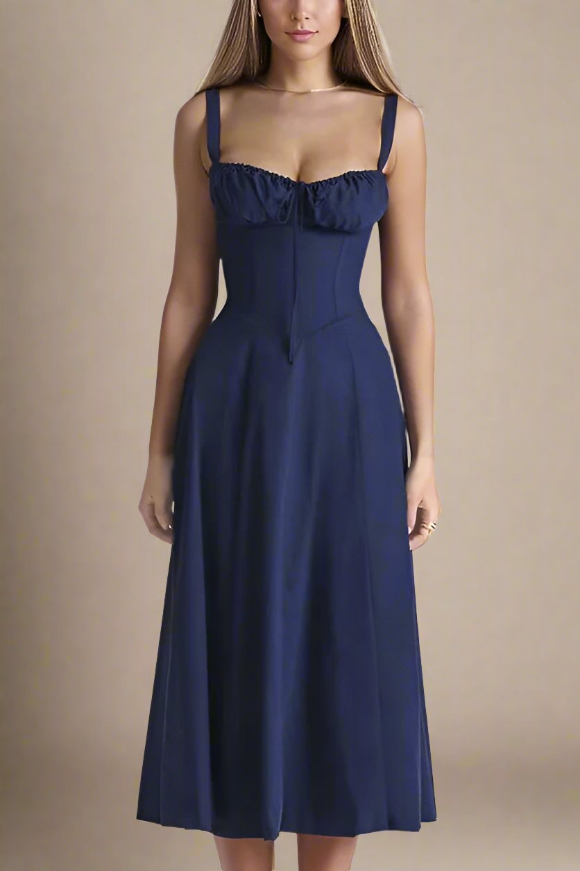 Woman wearing a figure flattering Taylor Bodycon Day Midi Dress - Navy Blue BODYCON COLLECTION