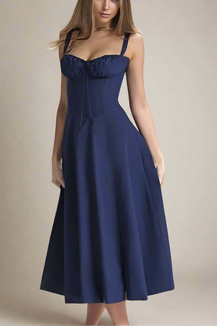 Woman wearing a figure flattering Taylor Bodycon Day Midi Dress - Navy Blue BODYCON COLLECTION