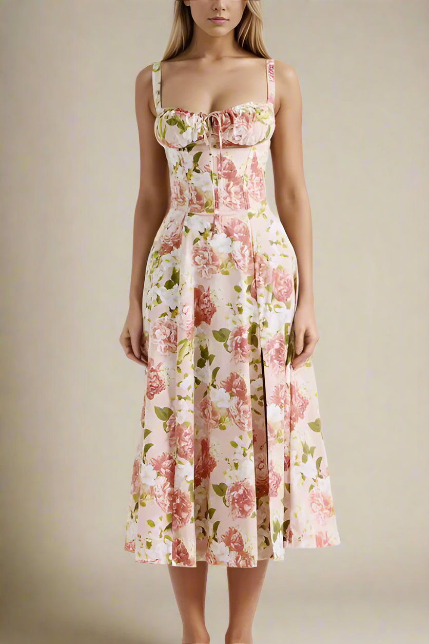 Woman wearing a figure flattering Taylor Bodycon Day Midi Dress - Salmon Pink BODYCON COLLECTION