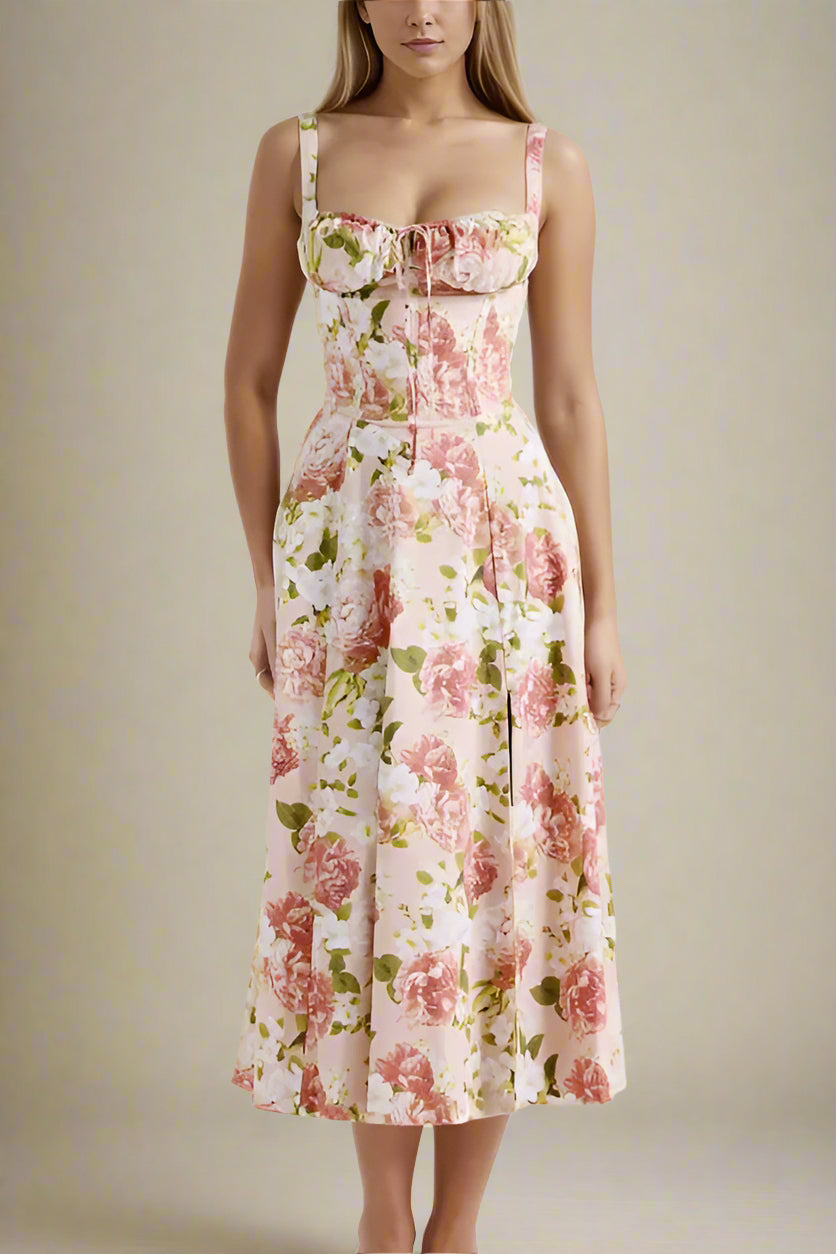 Woman wearing a figure flattering Taylor Bodycon Day Midi Dress - Salmon Pink BODYCON COLLECTION