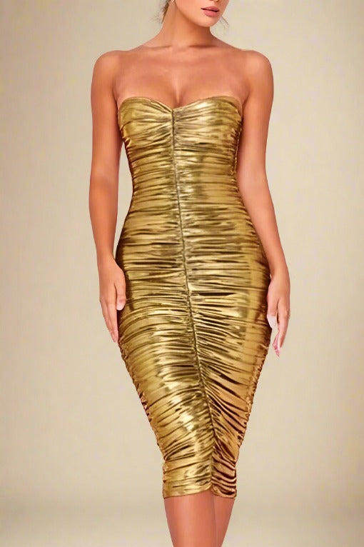 Woman wearing a figure flattering Terese Bodycon Wrap Dress - Gold BODYCON COLLECTION