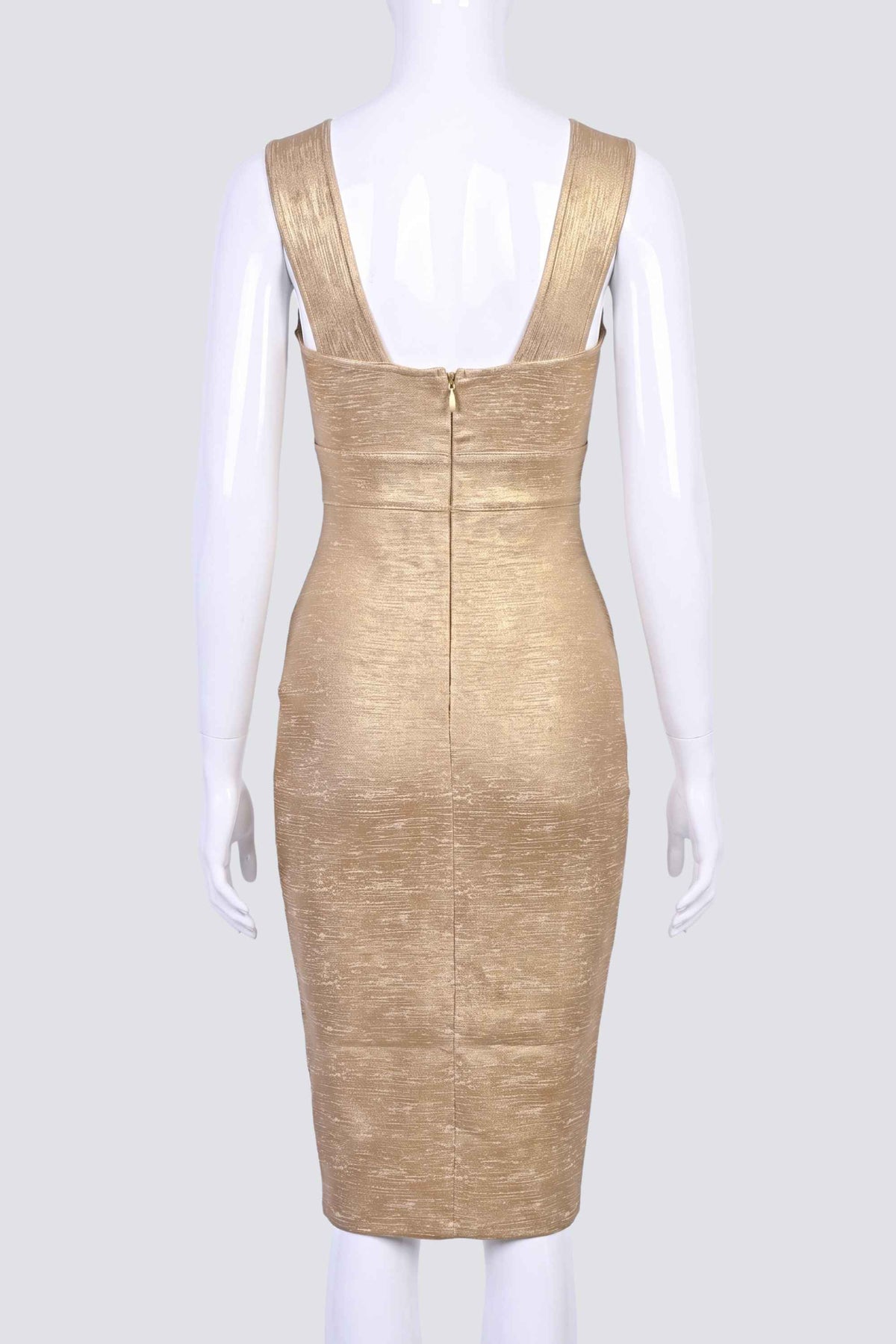 Woman wearing a figure flattering Tyler Bodycon Dress - Gold BODYCON COLLECTION Pty Ltd