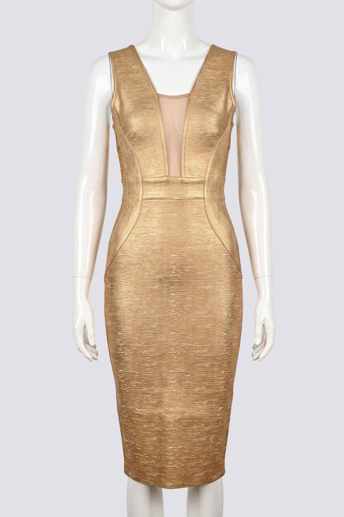 Woman wearing a figure flattering Tyler Bodycon Dress - Gold BODYCON COLLECTION Pty Ltd