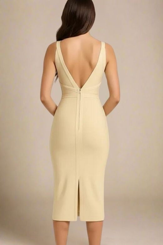Woman wearing a figure flattering Tyra Bandage Midi Dress - Cream BODYCON COLLECTION Pty Ltd