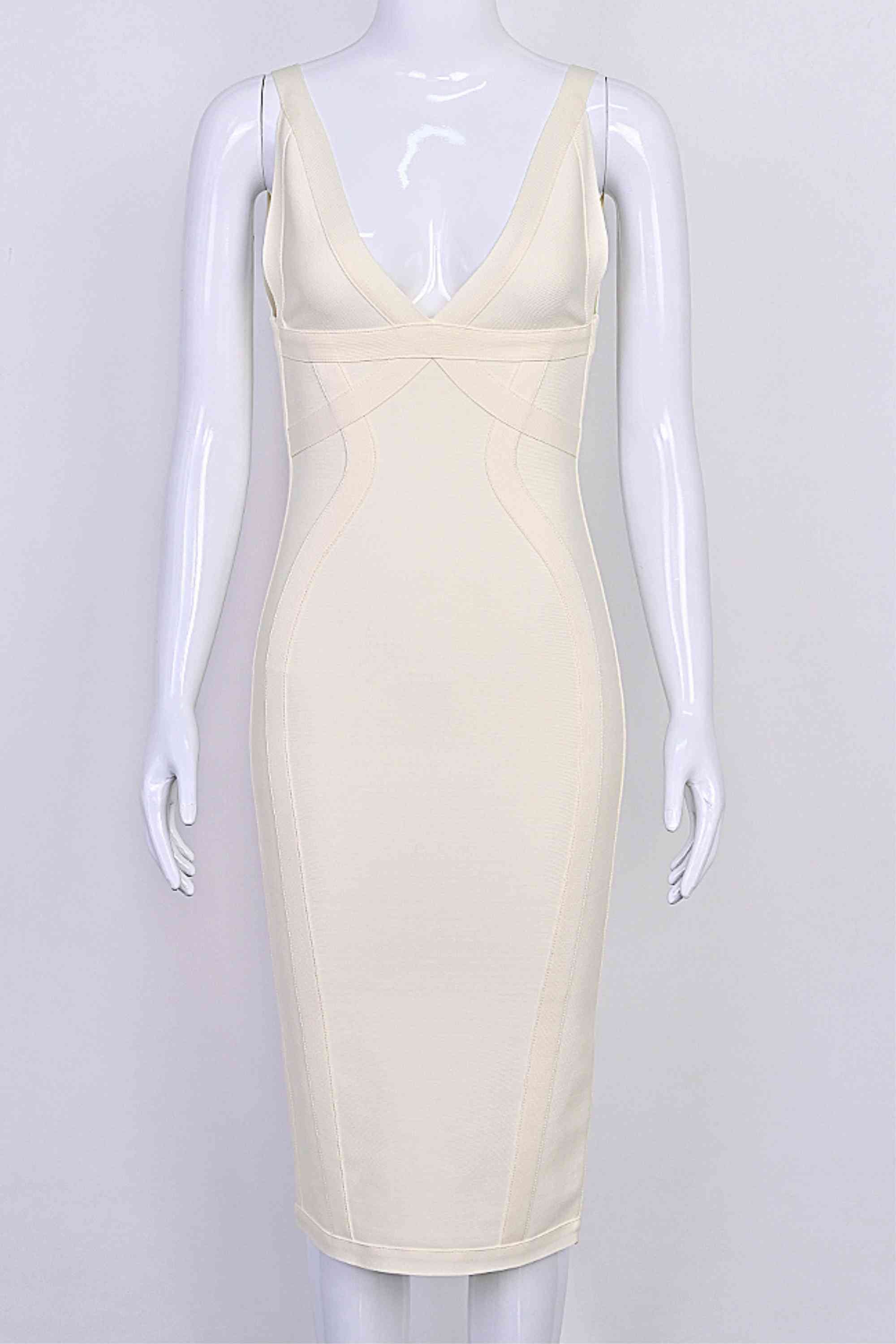 Woman wearing a figure flattering Tyra Bandage Midi Dress - Cream BODYCON COLLECTION Pty Ltd