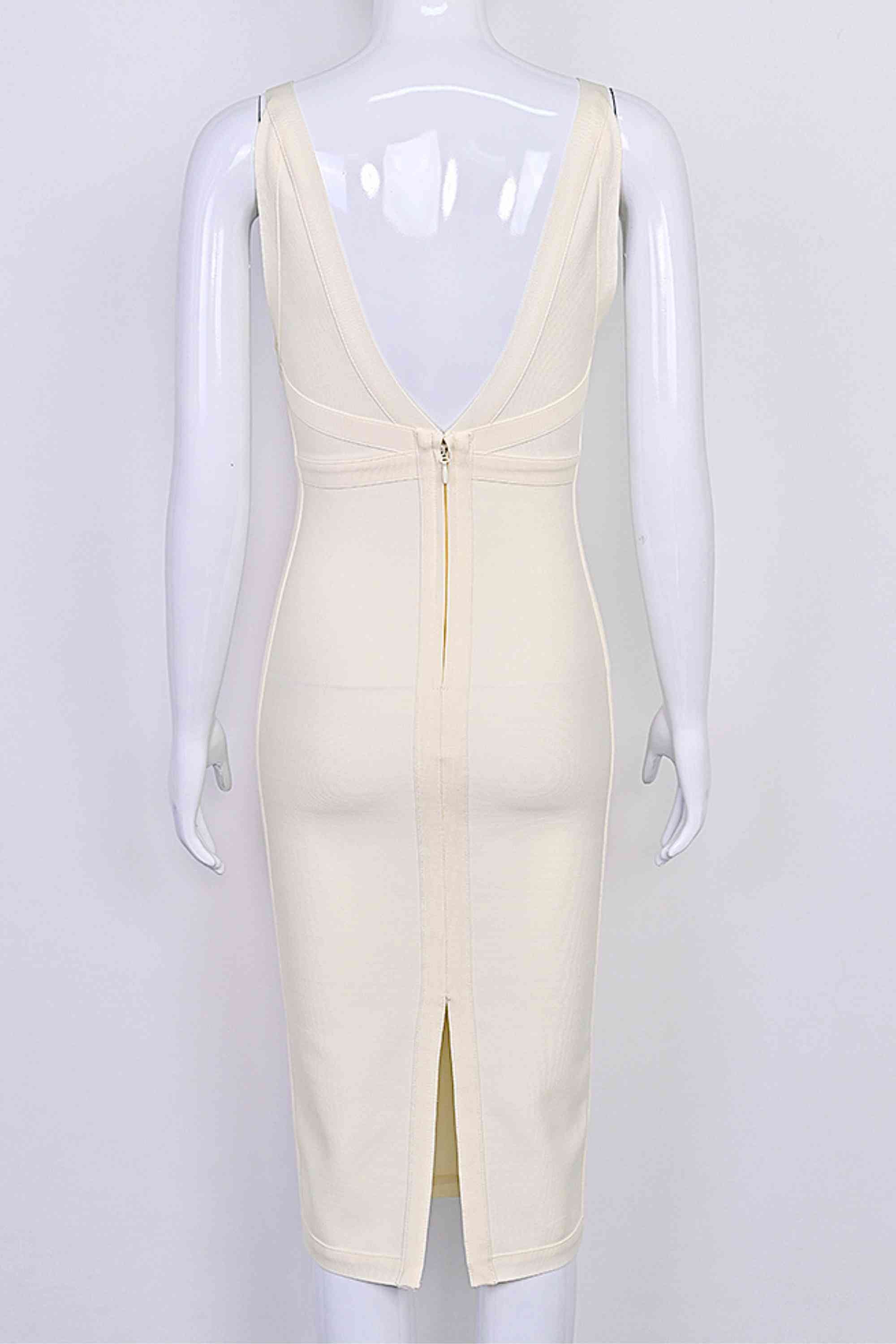 Woman wearing a figure flattering Tyra Bandage Midi Dress - Cream BODYCON COLLECTION Pty Ltd