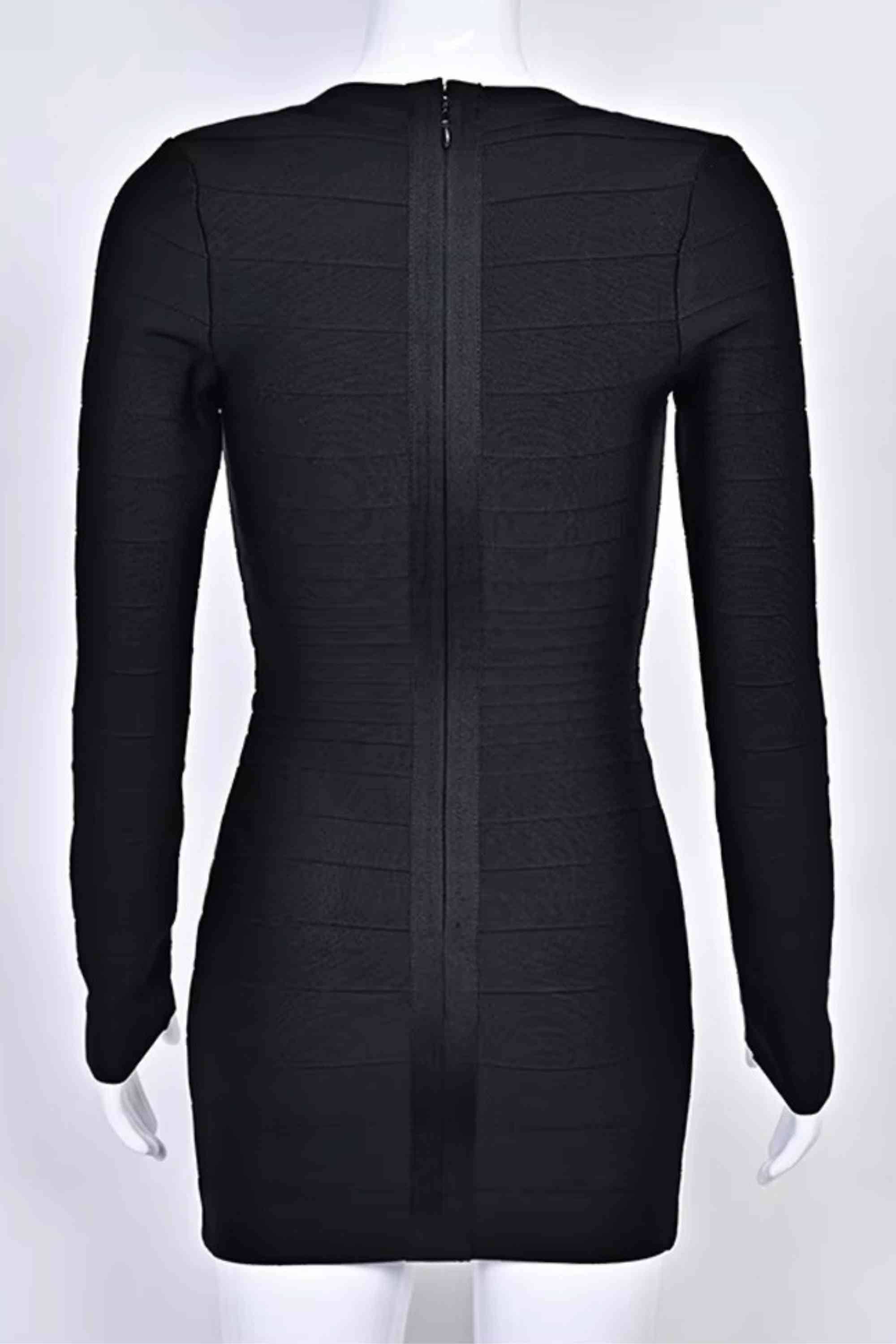 Woman wearing a figure flattering Valentina Long Sleeve Bandage Mini Dress - Classic Black BODYCON COLLECTION Pty Ltd