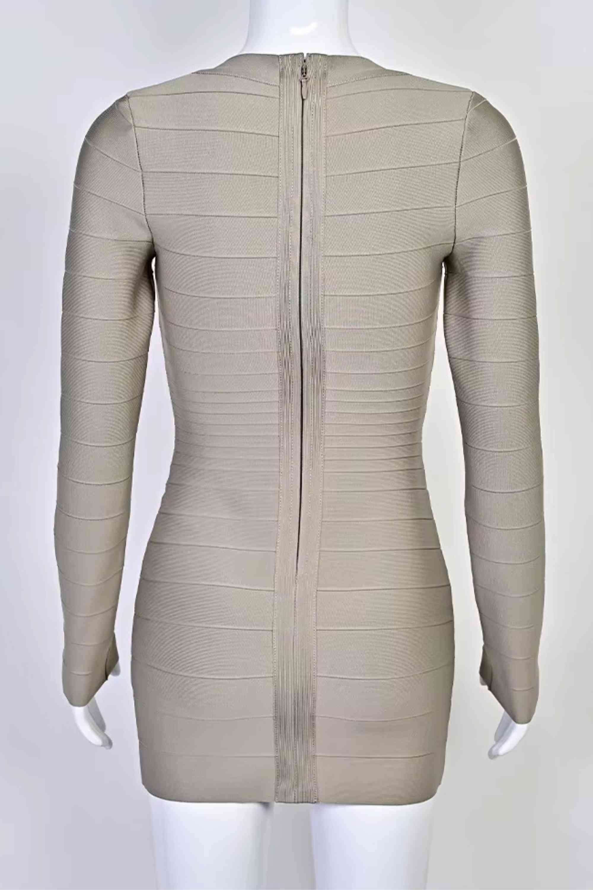 Woman wearing a figure flattering Valentina Long Sleeve Bandage Mini Dress - Oyster Grey BODYCON COLLECTION Pty Ltd