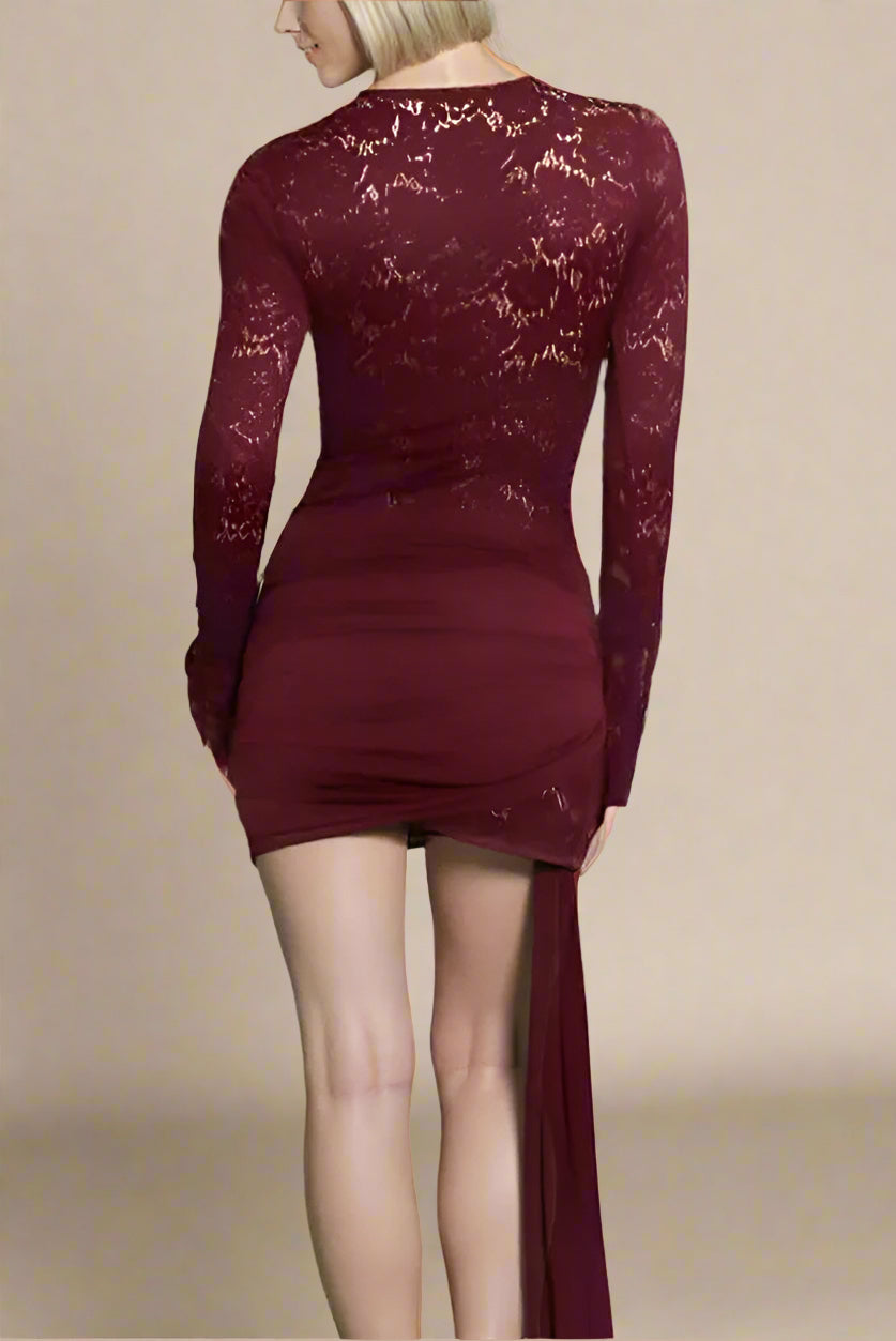 Woman wearing a figure flattering Vera Long Sleeve Bodycon Wrap Mini Dress - Red Wine BODYCON COLLECTION