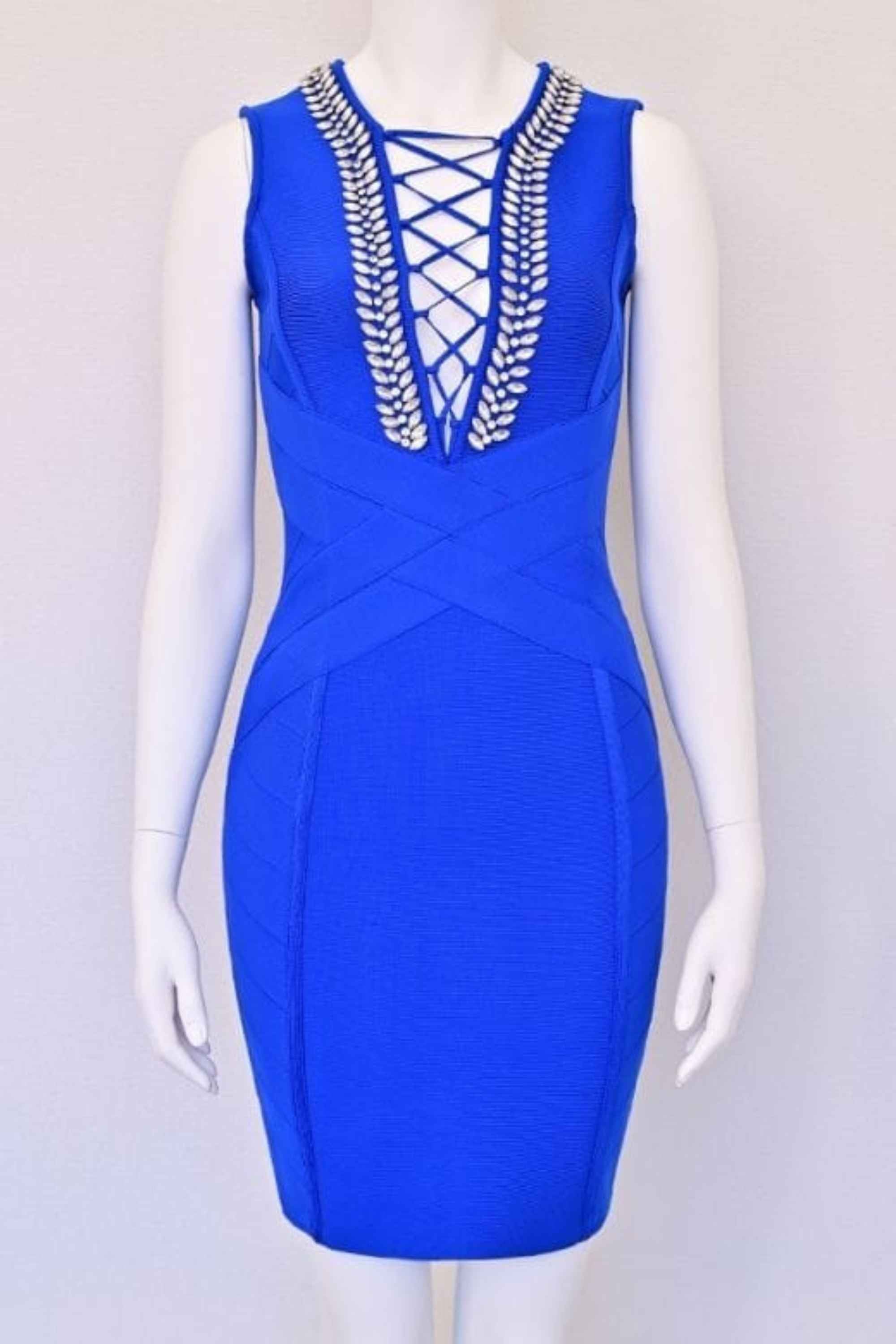 Woman wearing a figure flattering Vivian Bandage Dress - Royal Blue BODYCON COLLECTION Pty Ltd