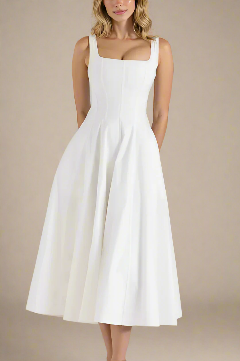 Woman wearing a figure flattering Willa Bodycon Midi Dress - White Pearl BODYCON COLLECTION Pty Ltd