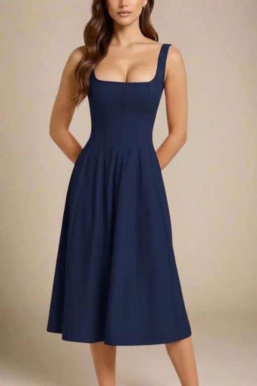 Woman wearing a figure flattering Willa Midi Dress - Navy Blue BODYCON COLLECTION Pty Ltd