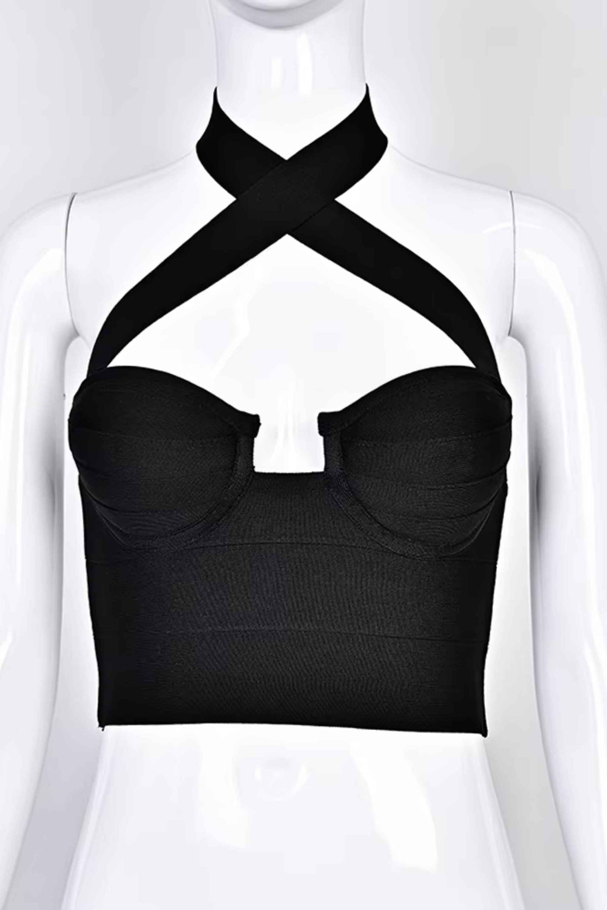 Woman wearing a figure flattering Willow Bandage Crop Top - Classic Black BODYCON COLLECTION Pty Ltd