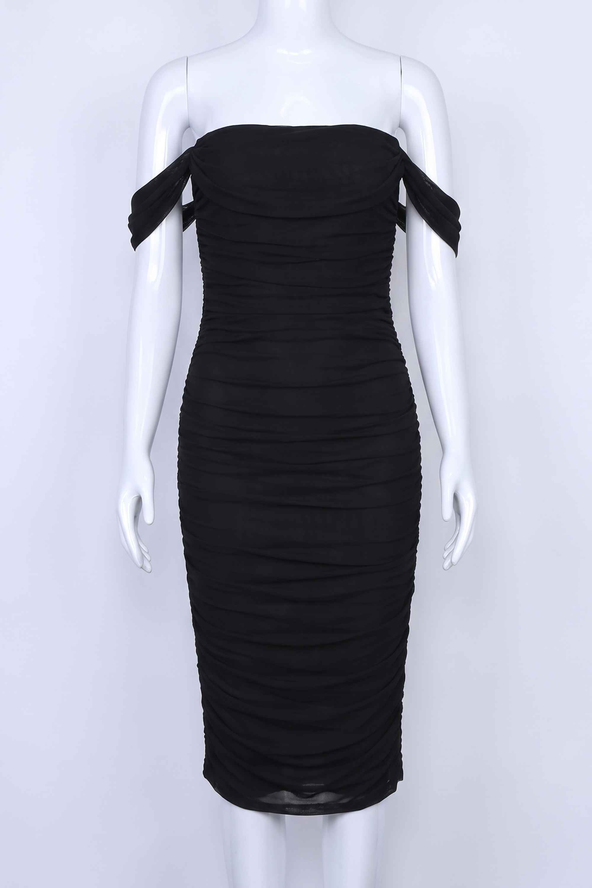 Woman wearing a figure flattering Zia Bodycon Wrap Midi Dress - Classic Black Bodycon Collection